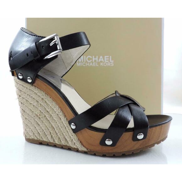 Michael Kors Somerly Wedge Platform Sandals Espadrille Studs Black Size 9.5 - Picture 1 of 11